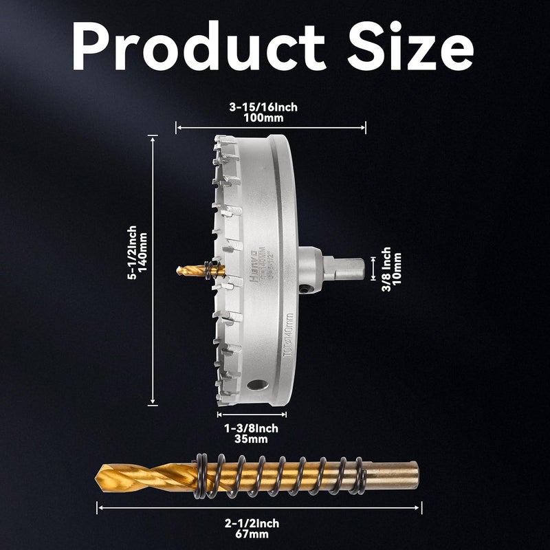Henvo Hole Saw 5-1/2" (140mm) Heavy Duty Carbide with 2 Pilot Drill Bits - Metal Hole Cutter Cuts Stainless Steel, Iron, Copper, Brass, Plastic - Image 2